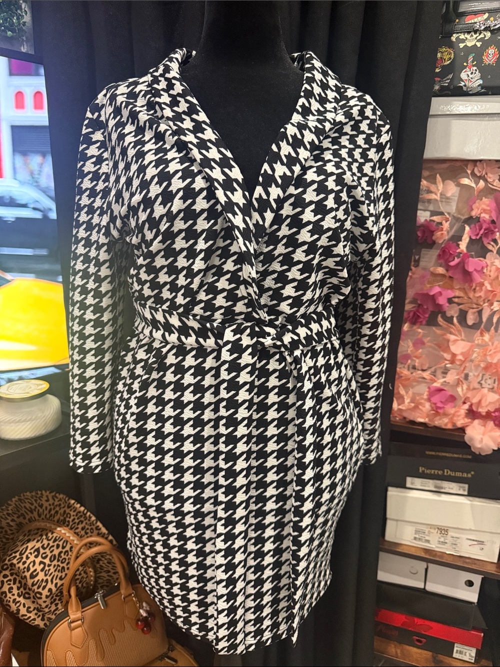 DKNY Black and White Houndstooth Long Sleeve Wrap Dress